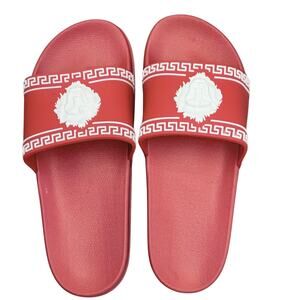 Red Slide Sandals Size 7 NWOT Greek Key Lion Head Embossed Pool Beach Slides